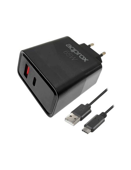 CARGADOR 65W ENCHUFE APPROX 1X USB A, 1X USB TYPE C NEGRO PN: APPUSBWALL65W EAN: 8435099535447   